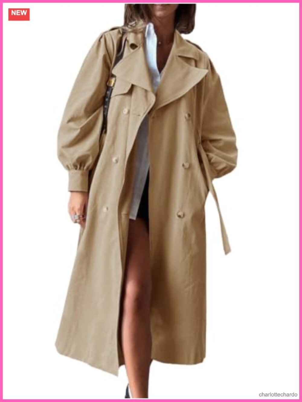 Oversized Double Breasted Lapel Trench Coat with Belt Long Sleeve Polyester